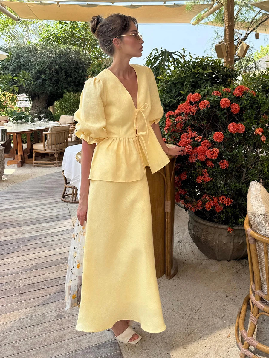 Damen Sommer Set mit V-Ausschnitt und Langem Rock