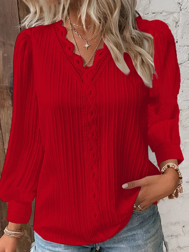 Damen Elegante Spitzenbluse mit V-Ausschnitt und Langarm