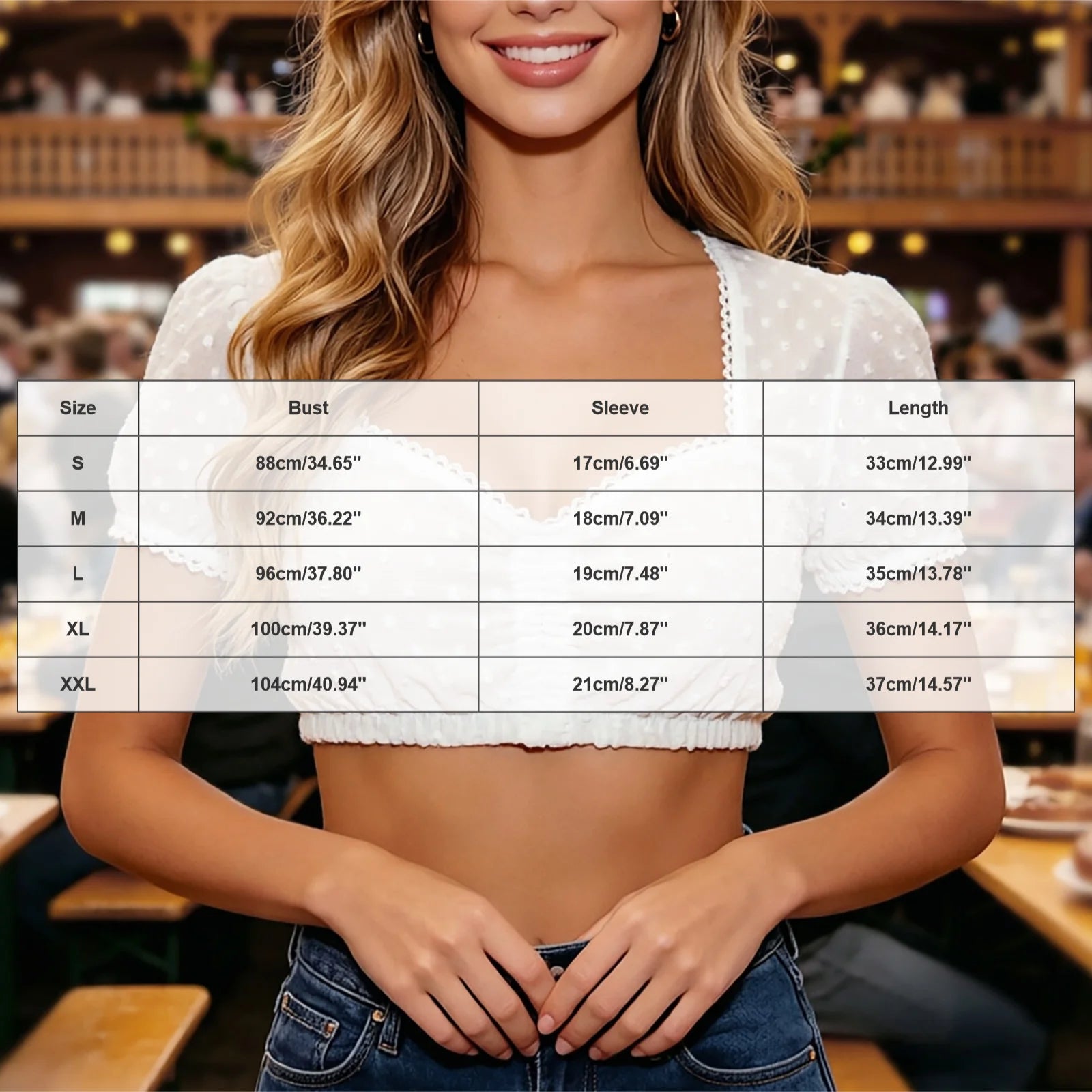 Damen Dirndlbluse mit Spitze und Puffärmeln