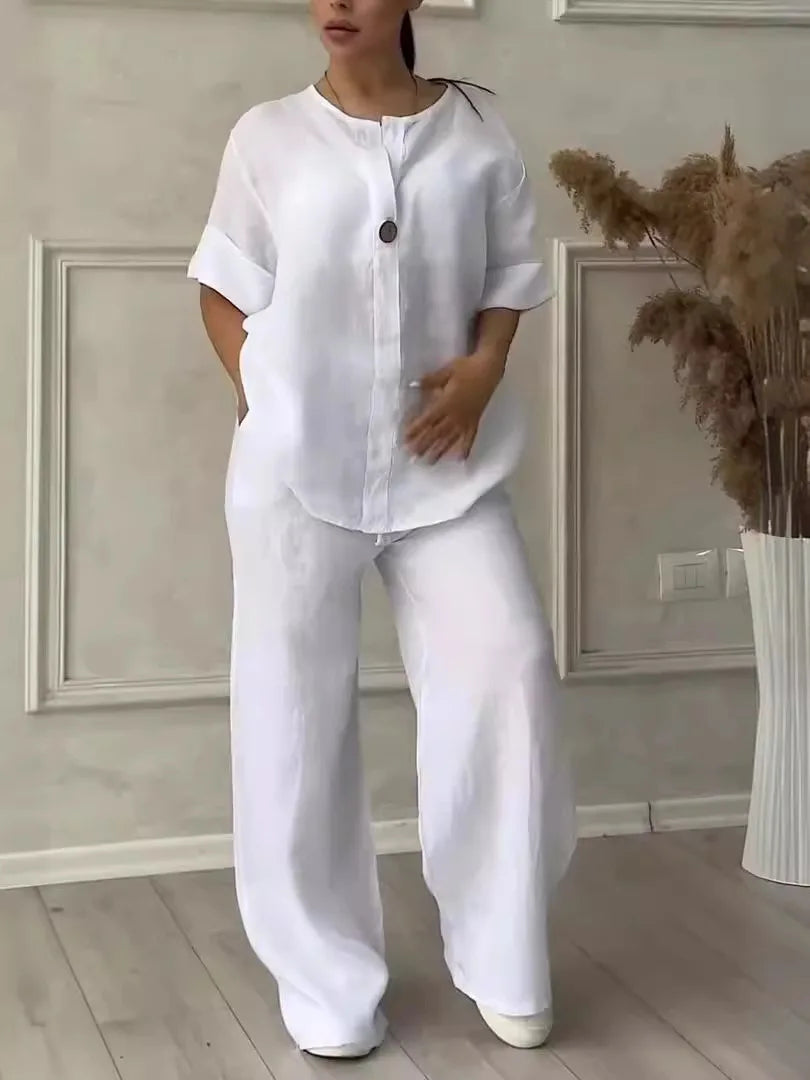 Damen Baumwoll-Leinen Set mit Bluse und Weiter Hose