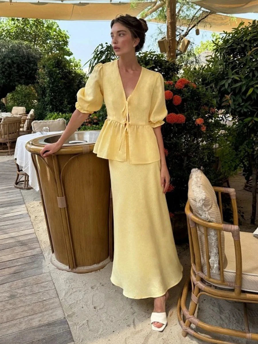 Damen Sommer Set mit V-Ausschnitt und Langem Rock