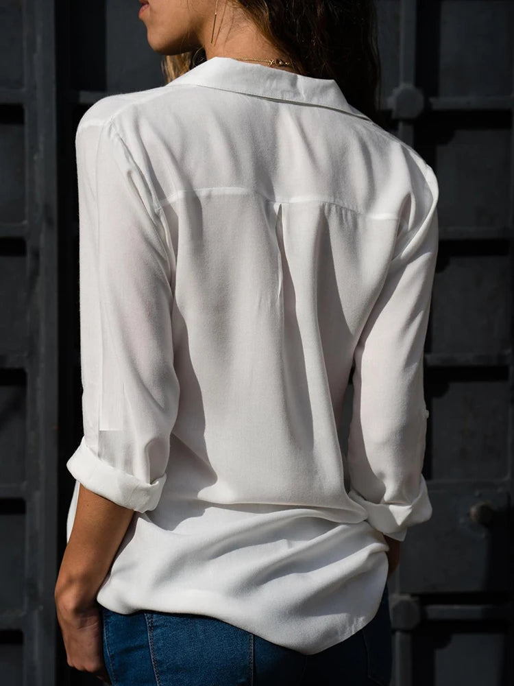 Damen Elegante Chiffon Bluse mit V-Ausschnitt