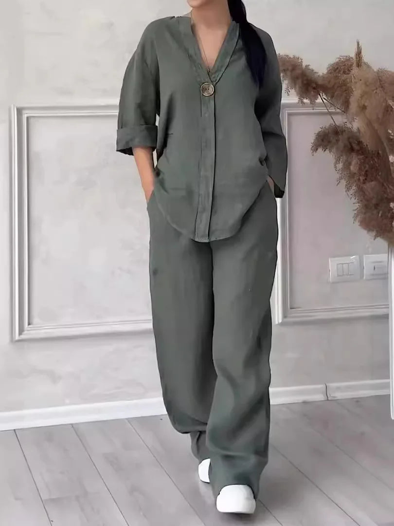 Damen Baumwoll-Leinen Set mit Bluse und Weiter Hose