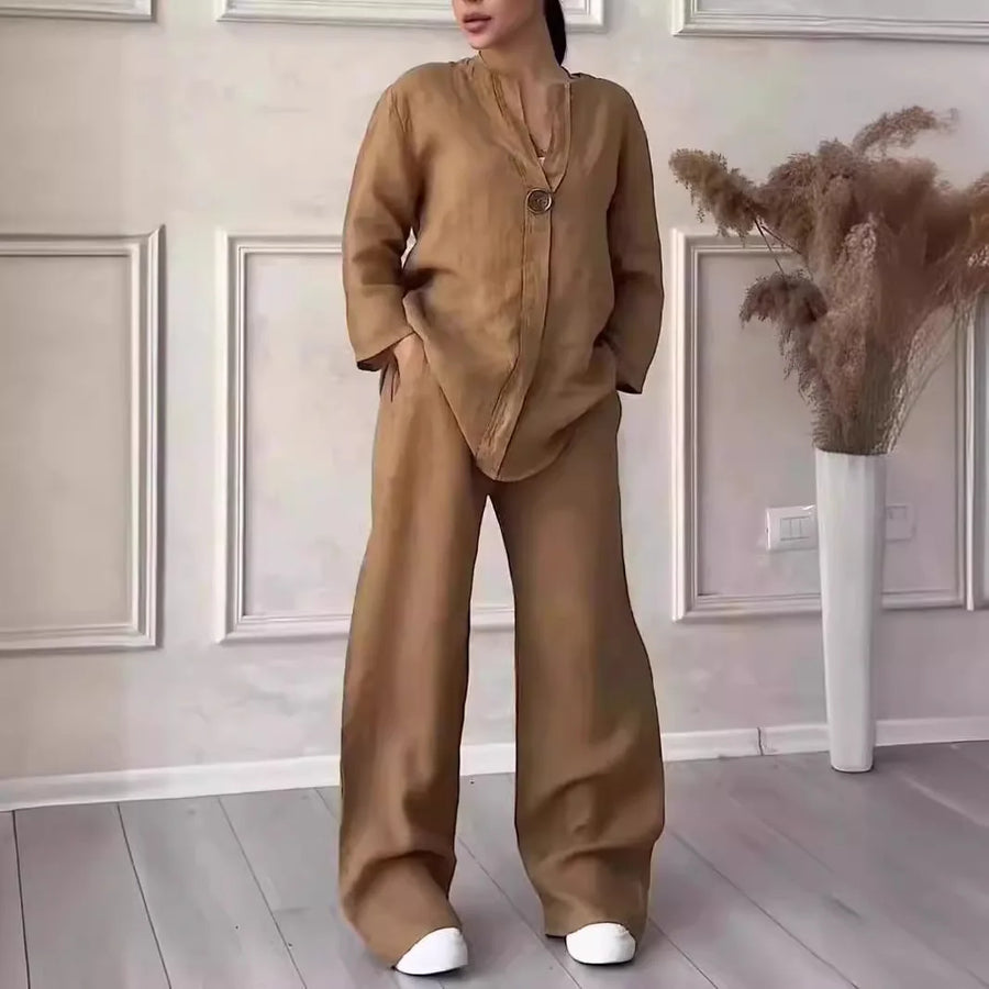 Damen Baumwoll-Leinen Set mit Bluse und Weiter Hose