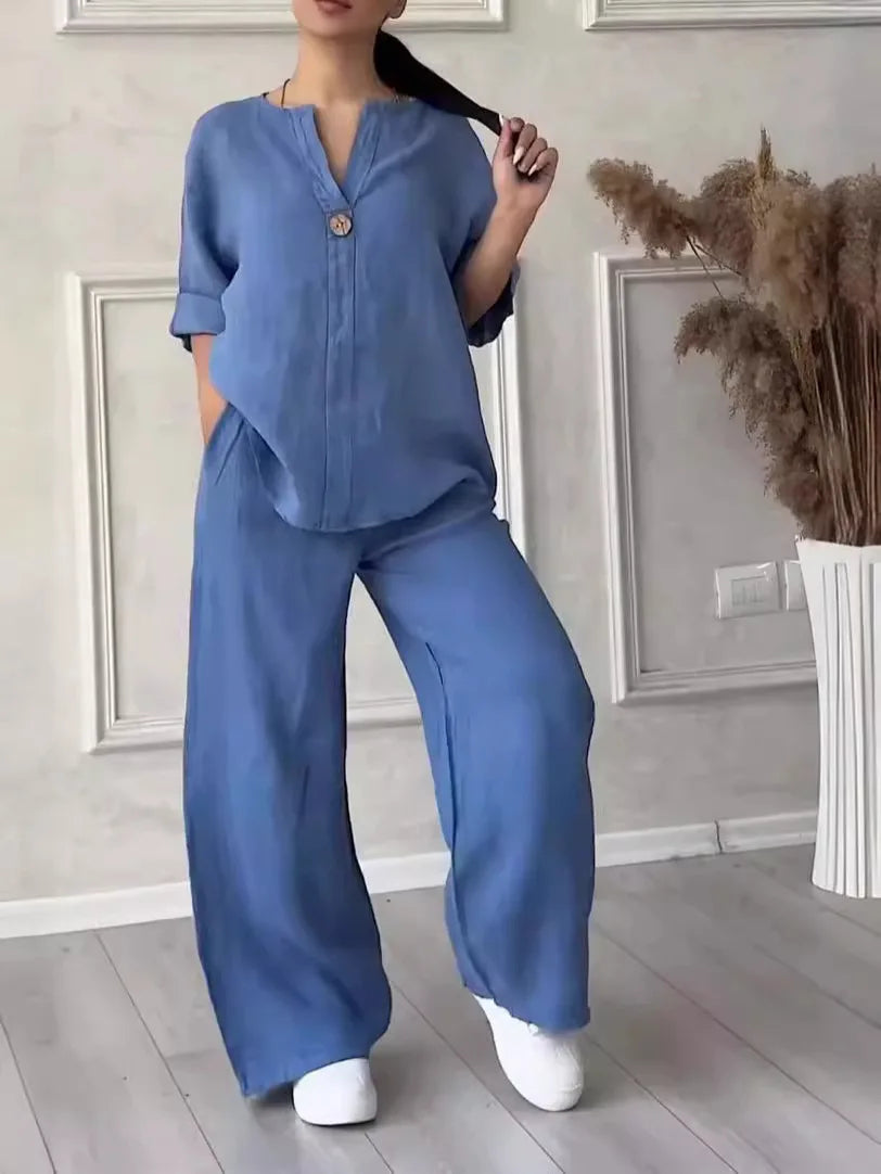 Damen Baumwoll-Leinen Set mit Bluse und Weiter Hose