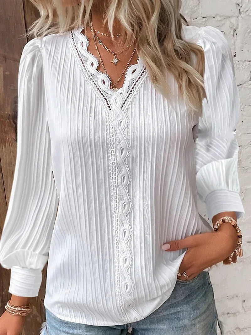 Damen Elegante Spitzenbluse mit V-Ausschnitt und Langarm