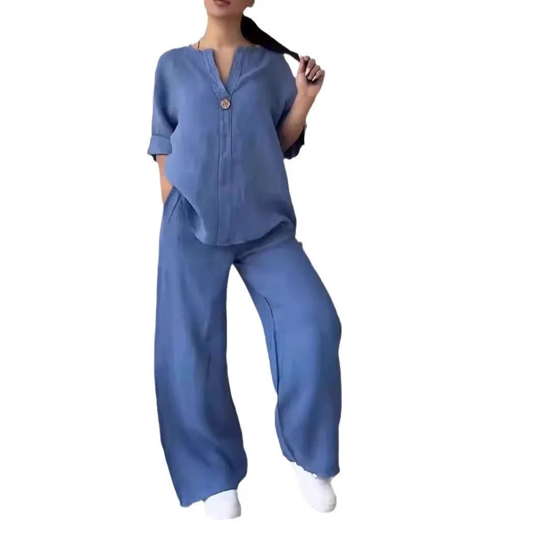 Damen Baumwoll-Leinen Set mit Bluse und Weiter Hose