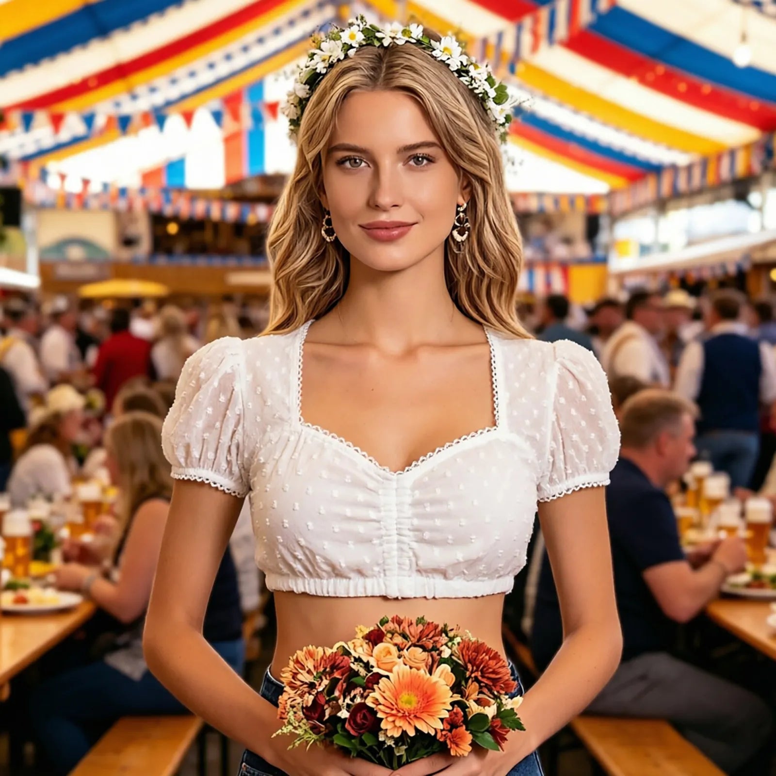 Damen Dirndlbluse mit Spitze und Puffärmeln
