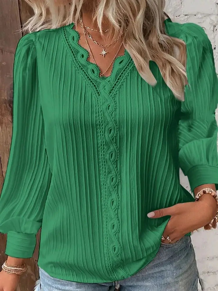 Damen Elegante Spitzenbluse mit V-Ausschnitt und Langarm