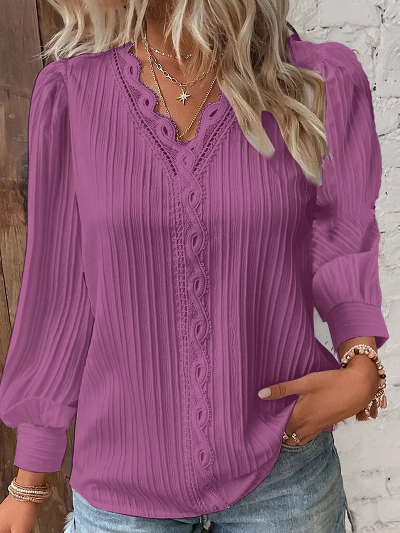 Damen Elegante Spitzenbluse mit V-Ausschnitt und Langarm