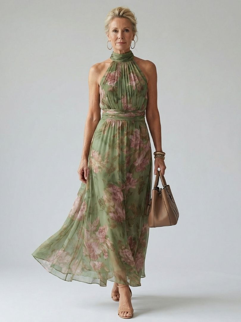Damen Florales Neckholder-Midikleid für Sommeranlässe