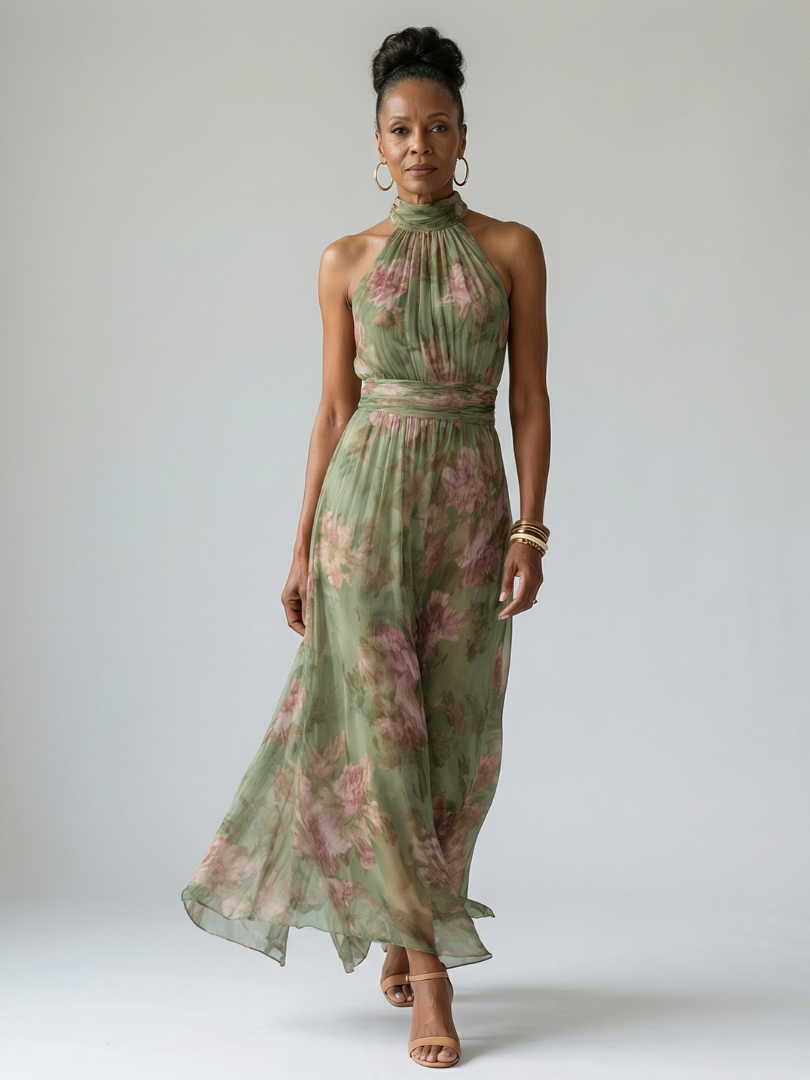 Damen Florales Neckholder-Midikleid für Sommeranlässe