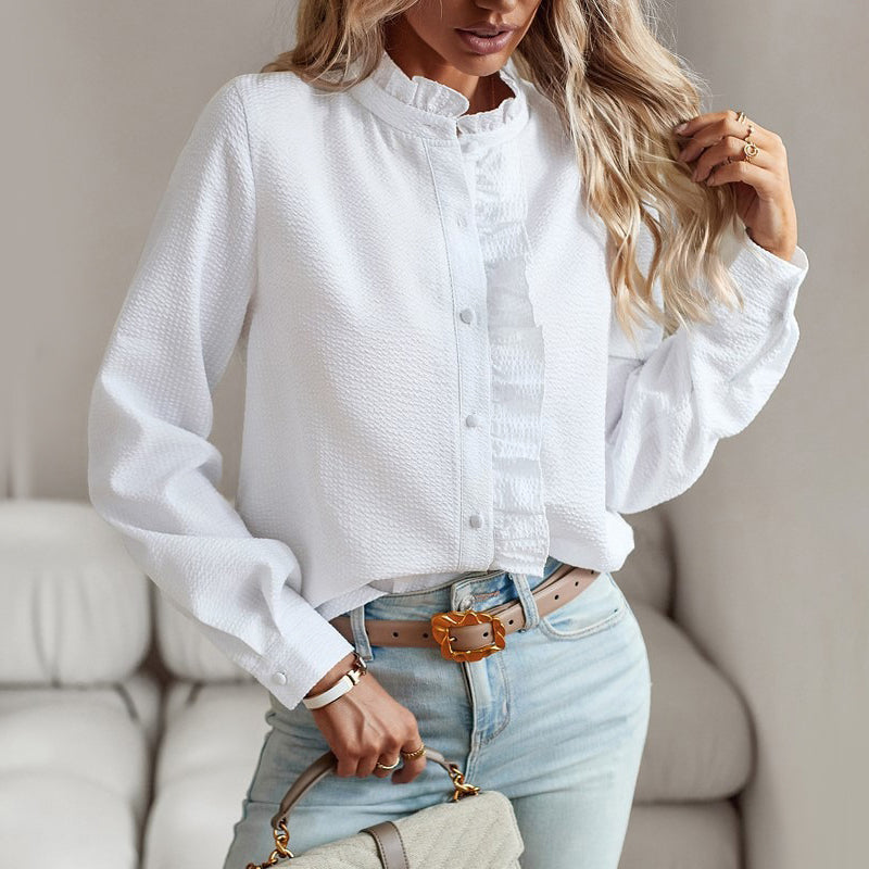 Valentina Damen Bluse – Strukturstoff mit Rüschenbesatz & Langarm