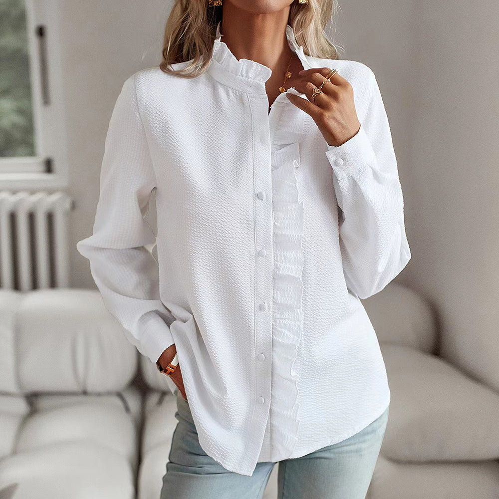 Valentina Damen Bluse – Strukturstoff mit Rüschenbesatz & Langarm