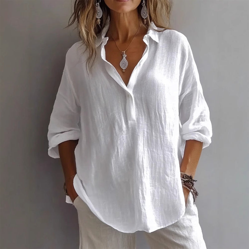 Carrara Damen Leinenbluse – V-Ausschnitt & Lange Ärmel Relaxed Fit