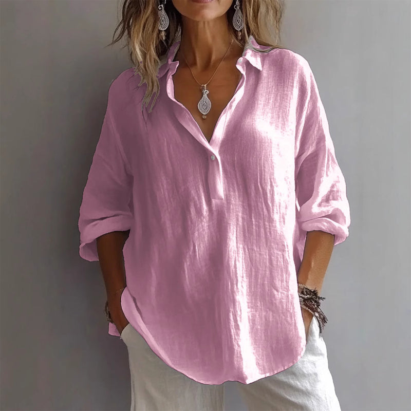 Carrara Damen Leinenbluse – V-Ausschnitt & Lange Ärmel Relaxed Fit