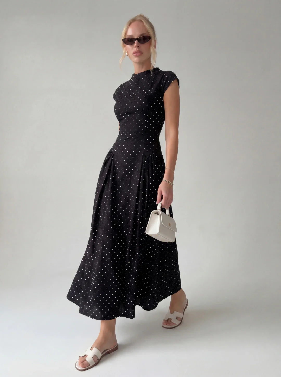 Damen Midi Kleid – Gepunktet Vintage & Gerafft