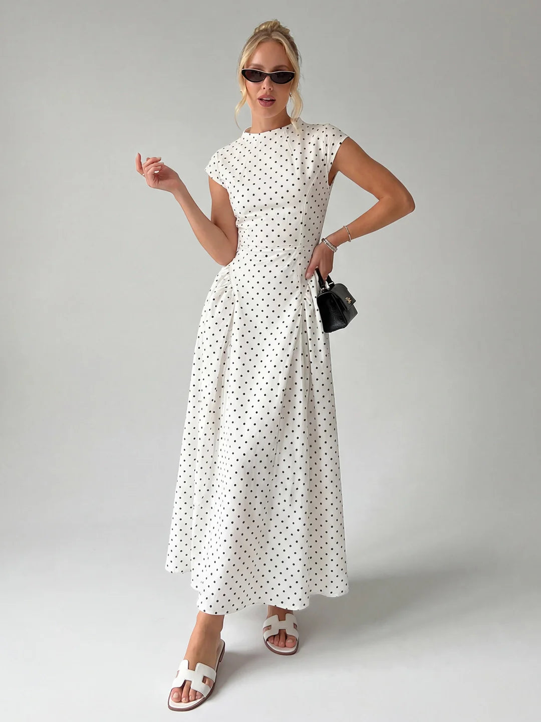 Damen Midi Kleid – Gepunktet Vintage & Gerafft