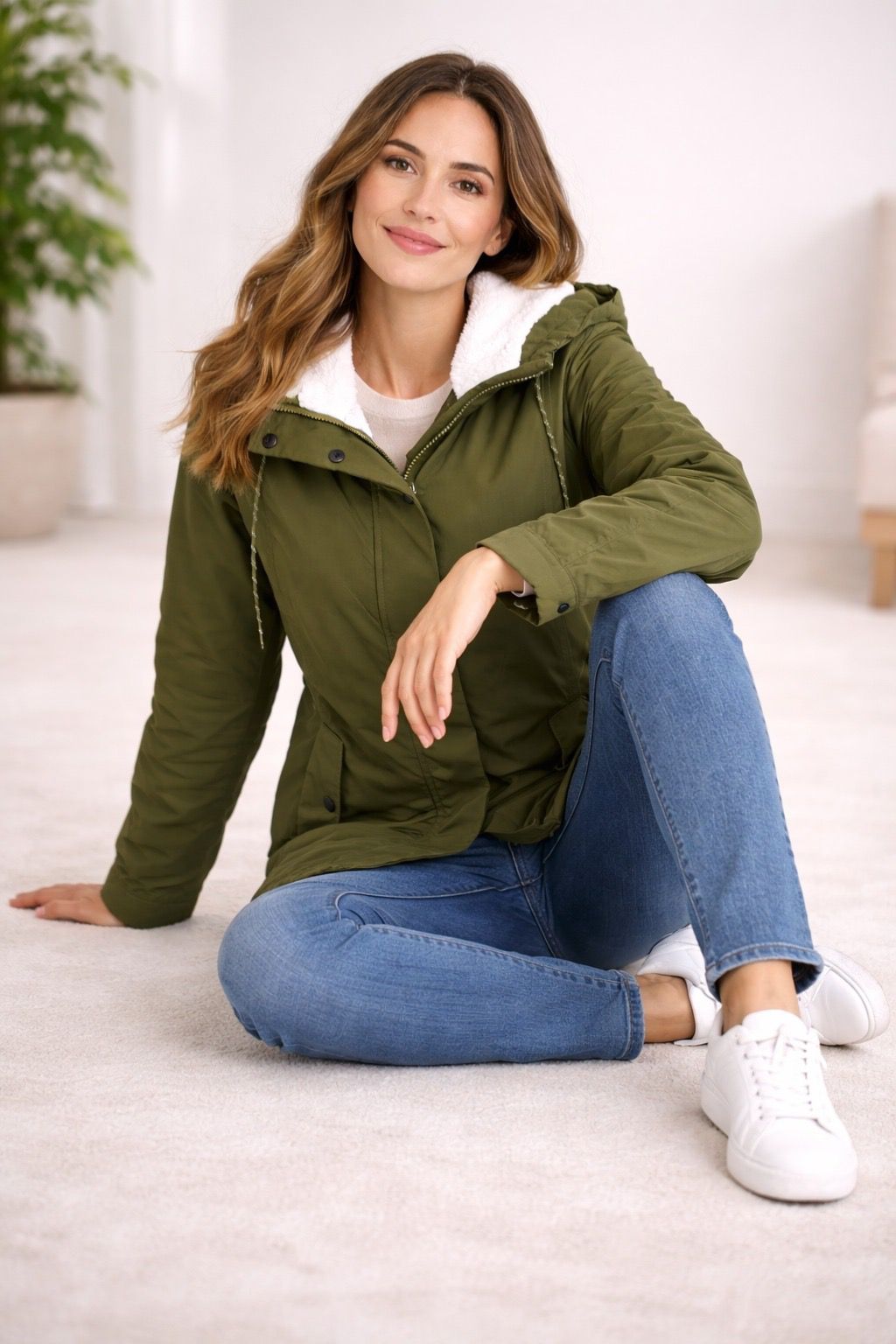Damen Lange Winterjacke mit Kapuze und Warmem Futter