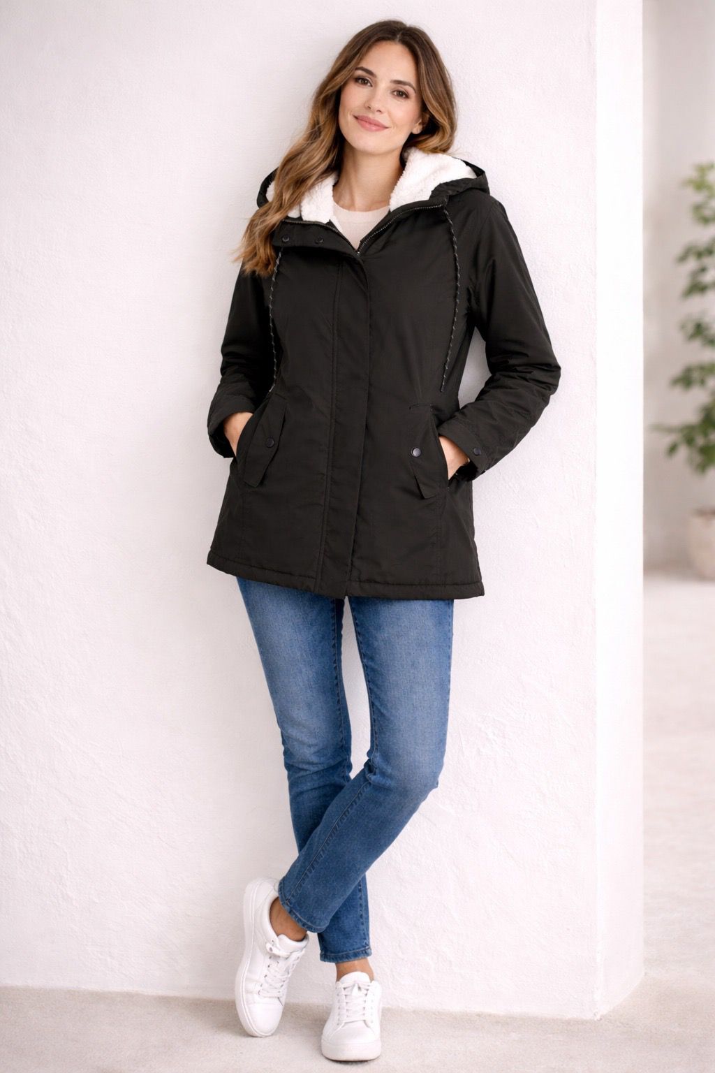 Damen Lange Winterjacke mit Kapuze und Warmem Futter