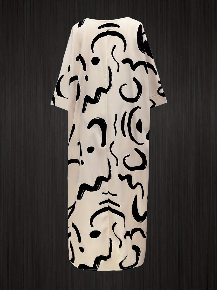 Printed Women's Skirt Suit with V-Neck Loose Seven-Eighth Sleeve Long Shirt and Drawstring Pants