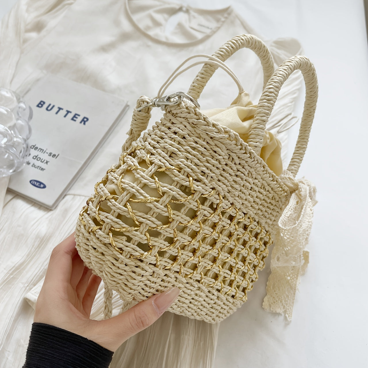Kaqise™ | Damen Stroh Crossbody Bag mit Schleife & Kette