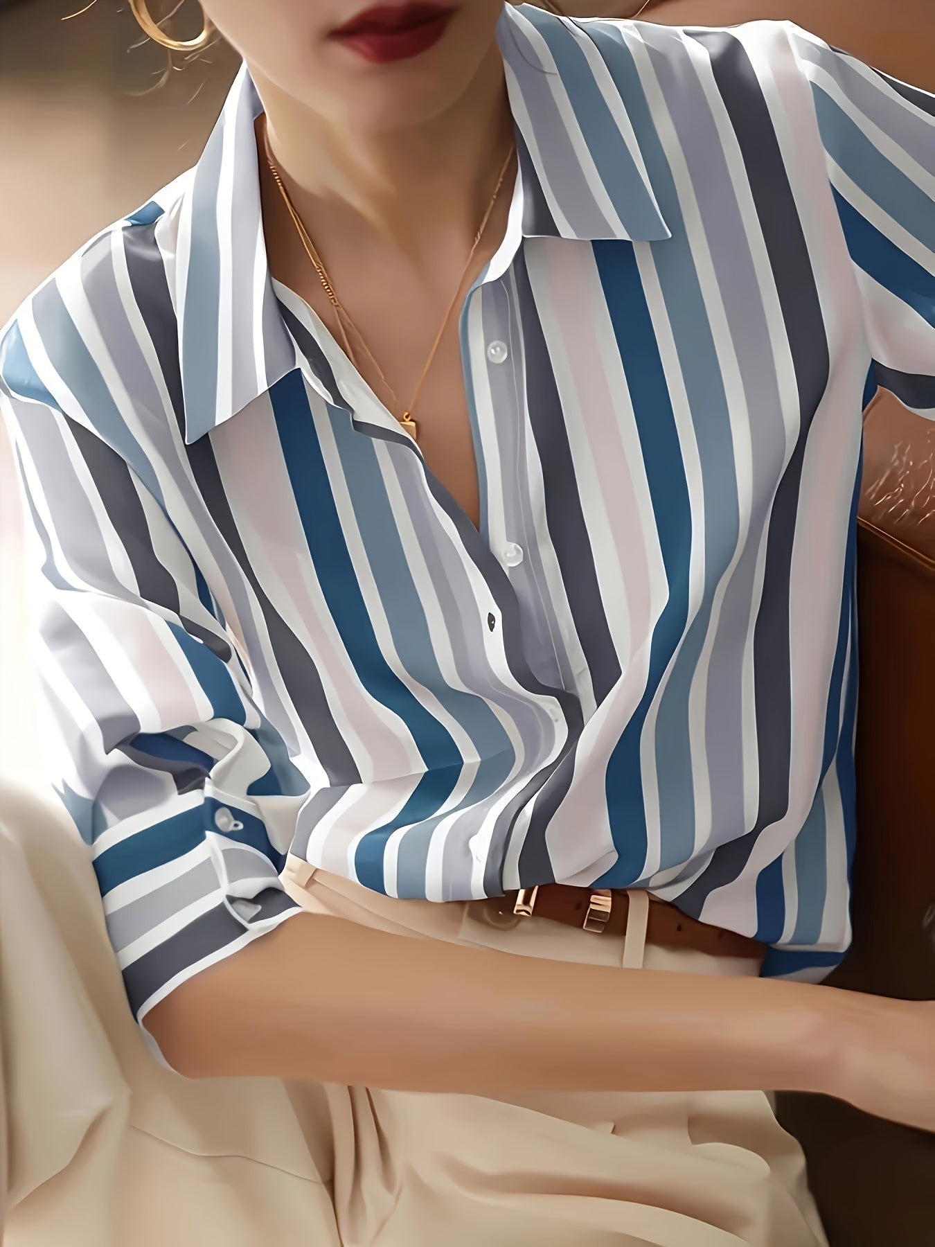 Damen Bluse – Gestreift Schwarz Weiß & Reverskragen Elegant