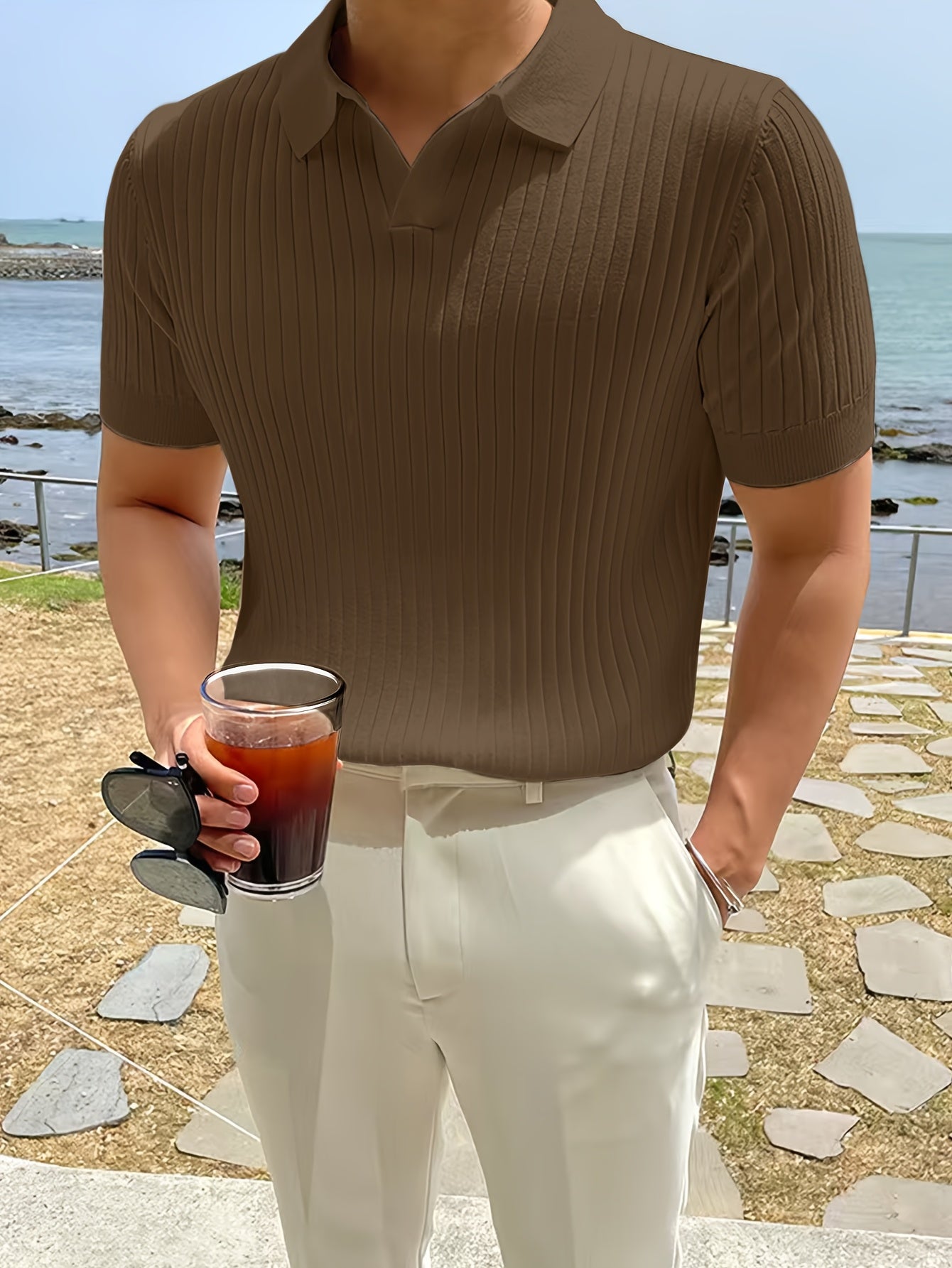 Herren Polo Shirt – Gestreift Struktur & Kurzarm Lässig