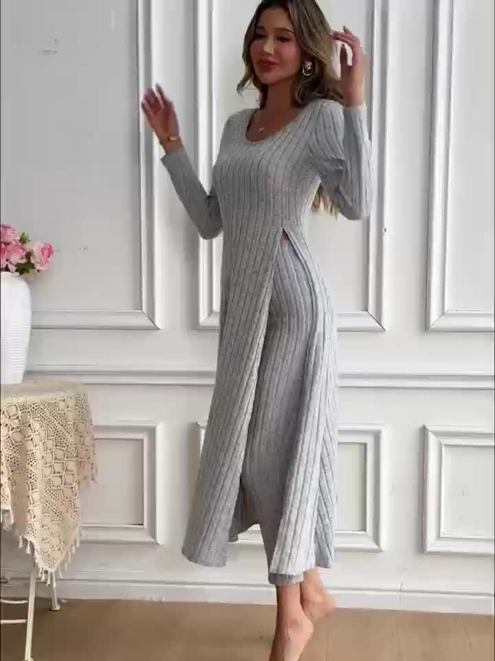 Damen Zweiteiliges Rippstrick-Set mit Langarm-Top und Hose