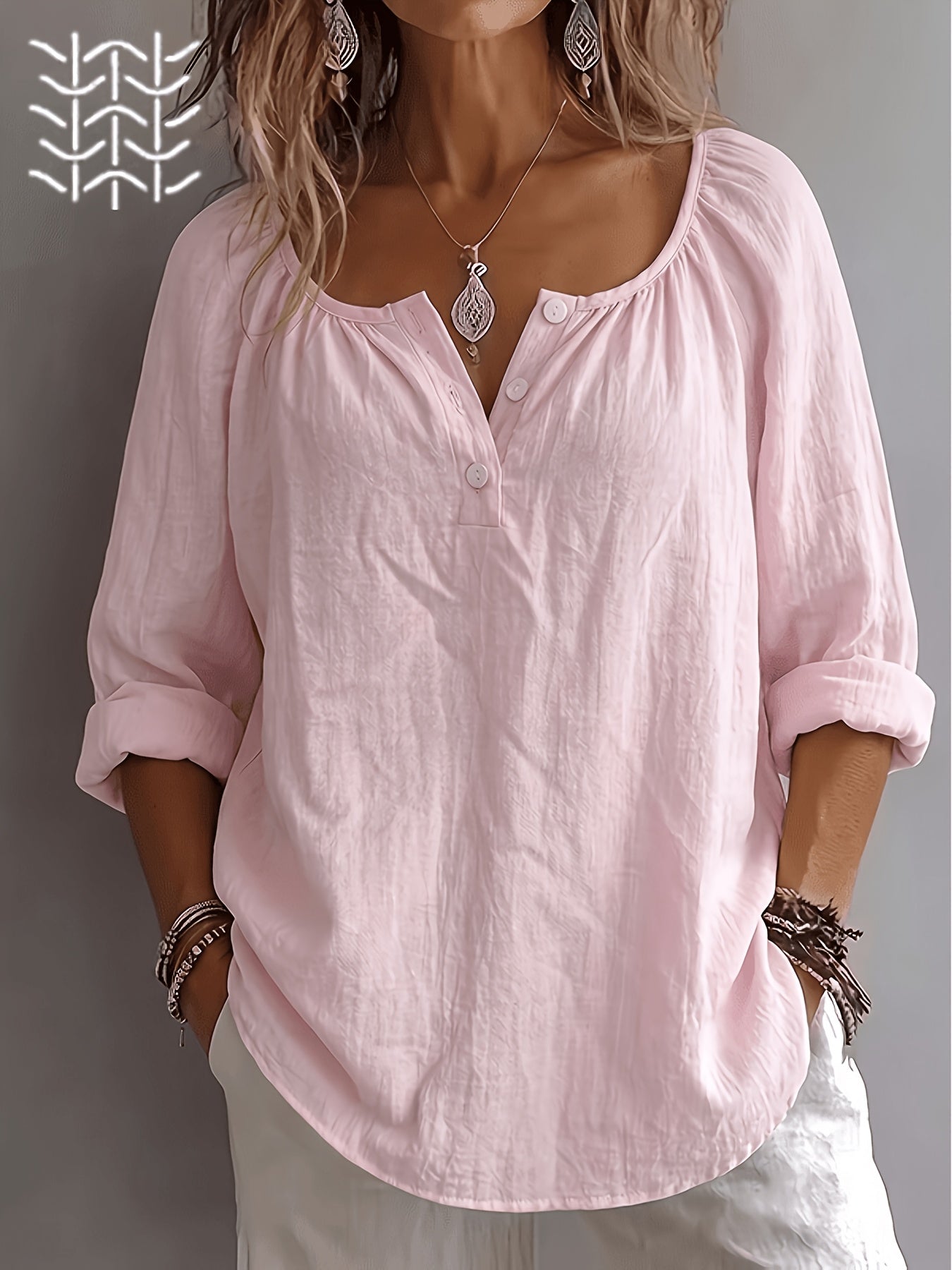 Damen Bluse – Leinenoptik & Eckiger Ausschnitt Locker Elegant