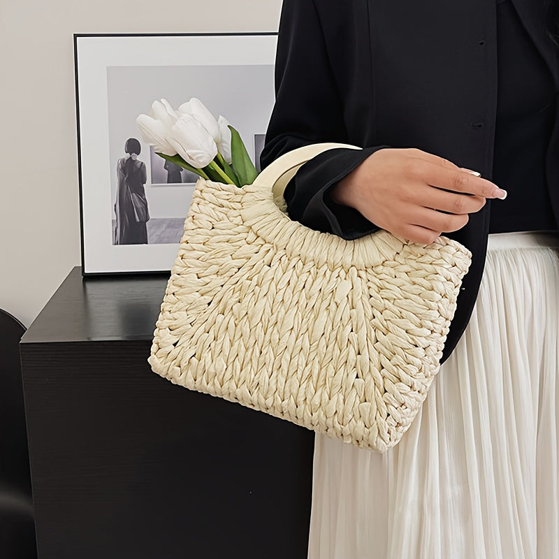 Kaqise™ | Handgefertigte Damen Strohtasche mit Holzgriff