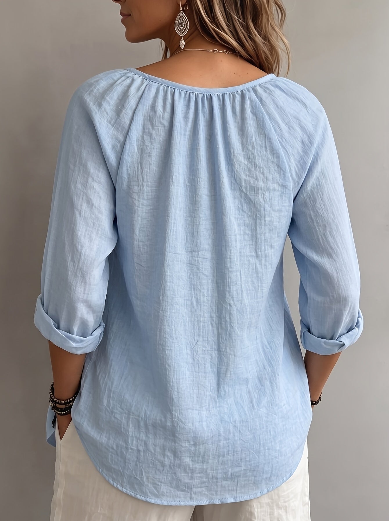 Damen Bluse – Leinenoptik & Eckiger Ausschnitt Locker Elegant