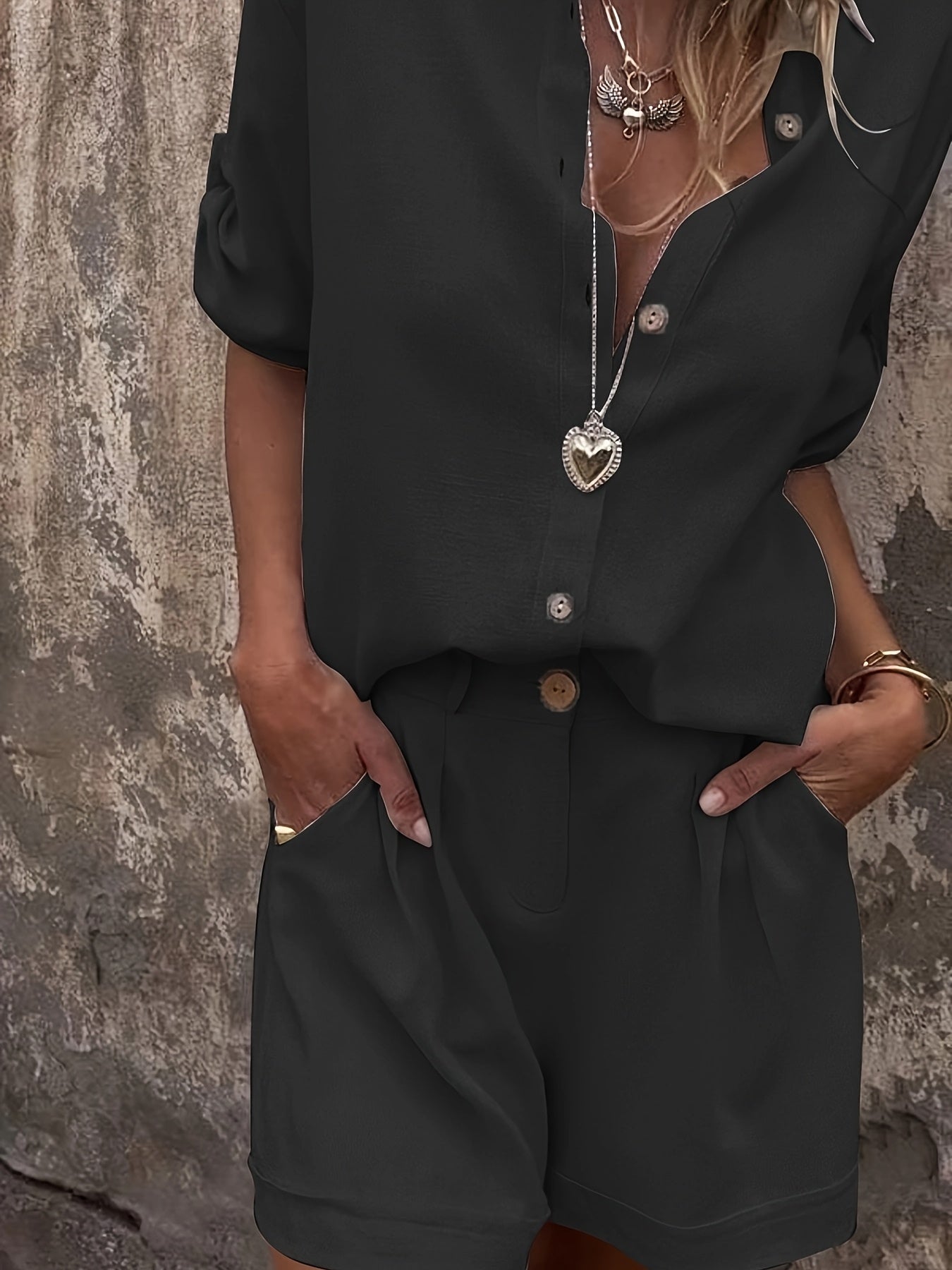 Damen Zweiteiliges Leinen-Set mit Oversize-Hemd und Shorts