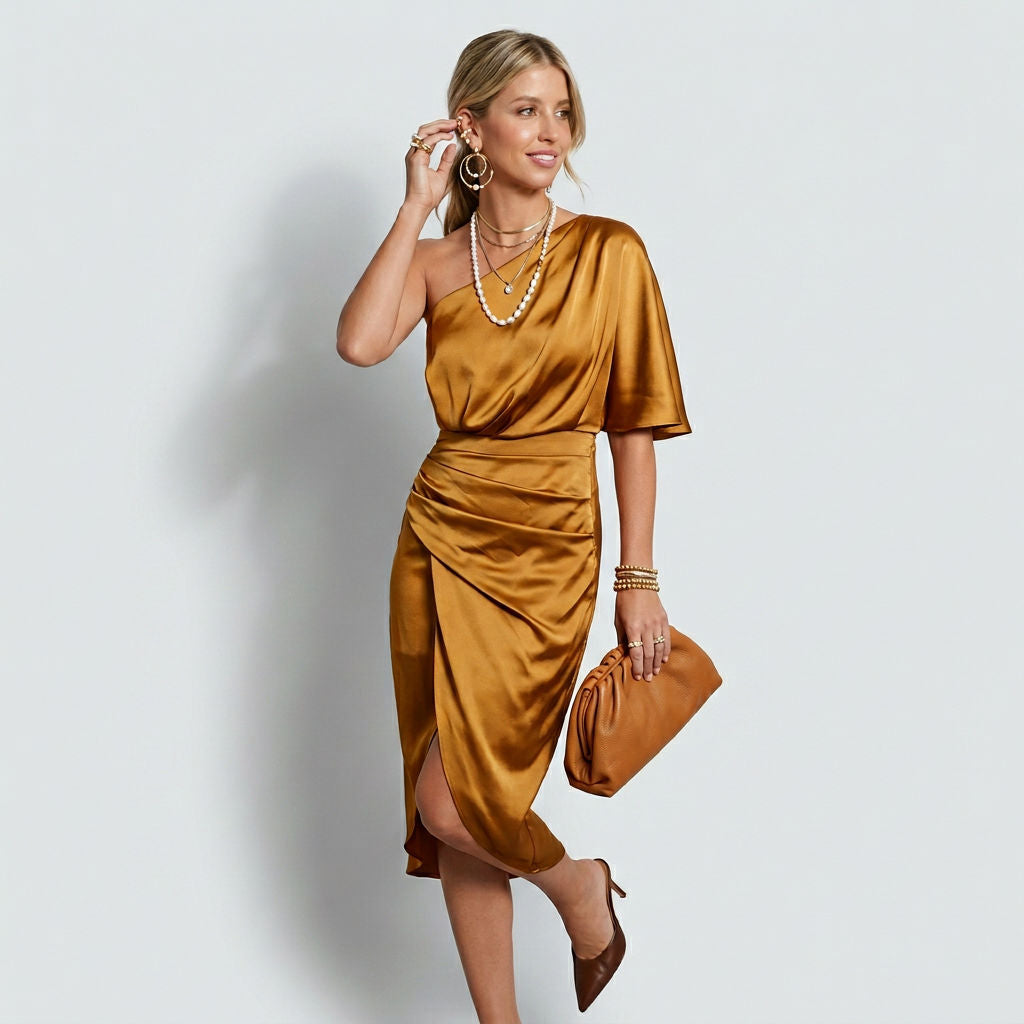 Damen Satin Abendkleid mit One-Shoulder & Midi-Schnitt