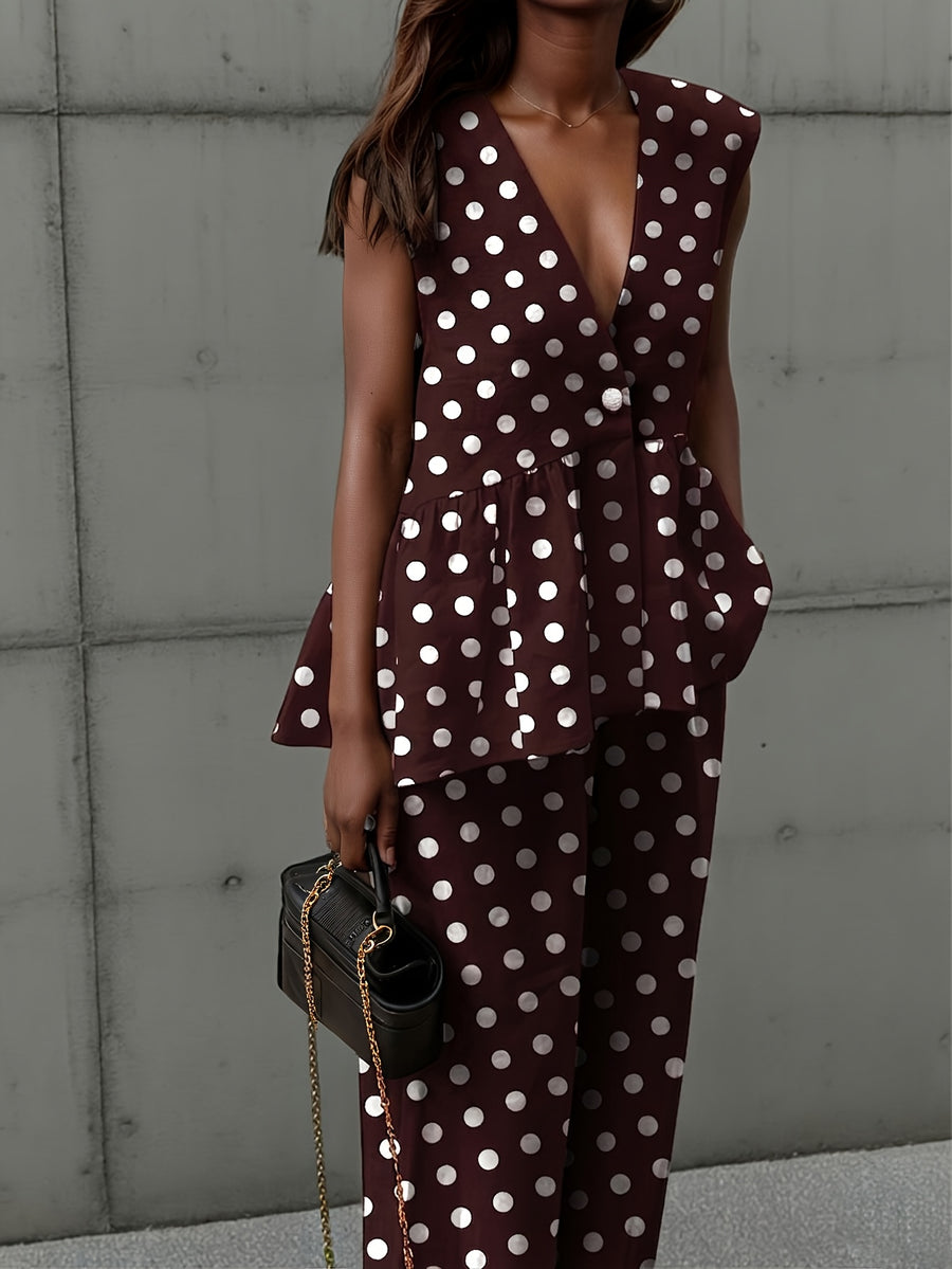 Damen Zweiteiliges Vintage Set mit Tupfen-Top und Weiter Hose