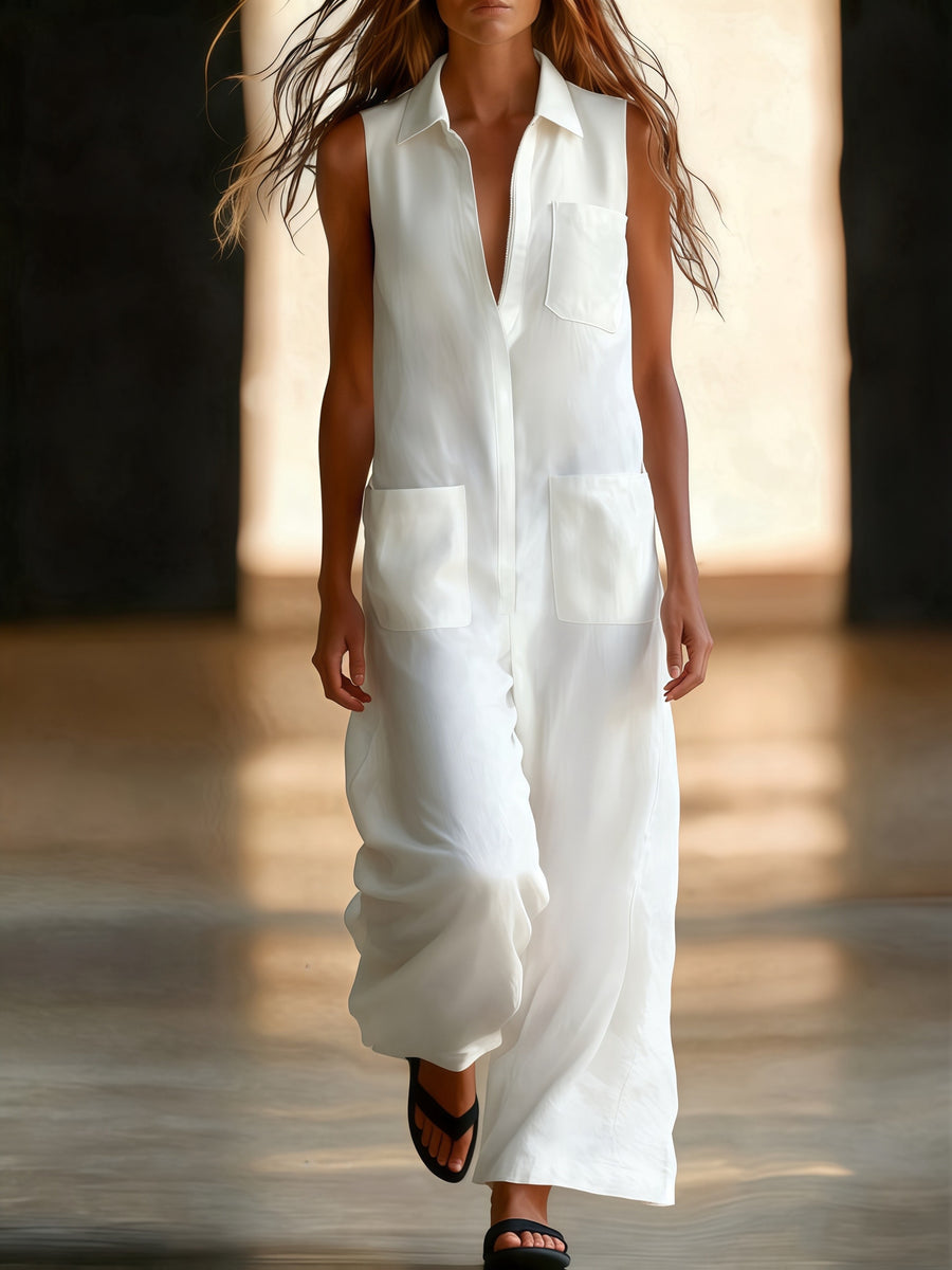 Damen Ärmelloser Wide-Leg Jumpsuit mit Taschen