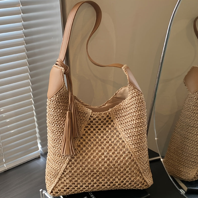 Boho Damen Tote Bag aus Stroh mit Viel Stauraum