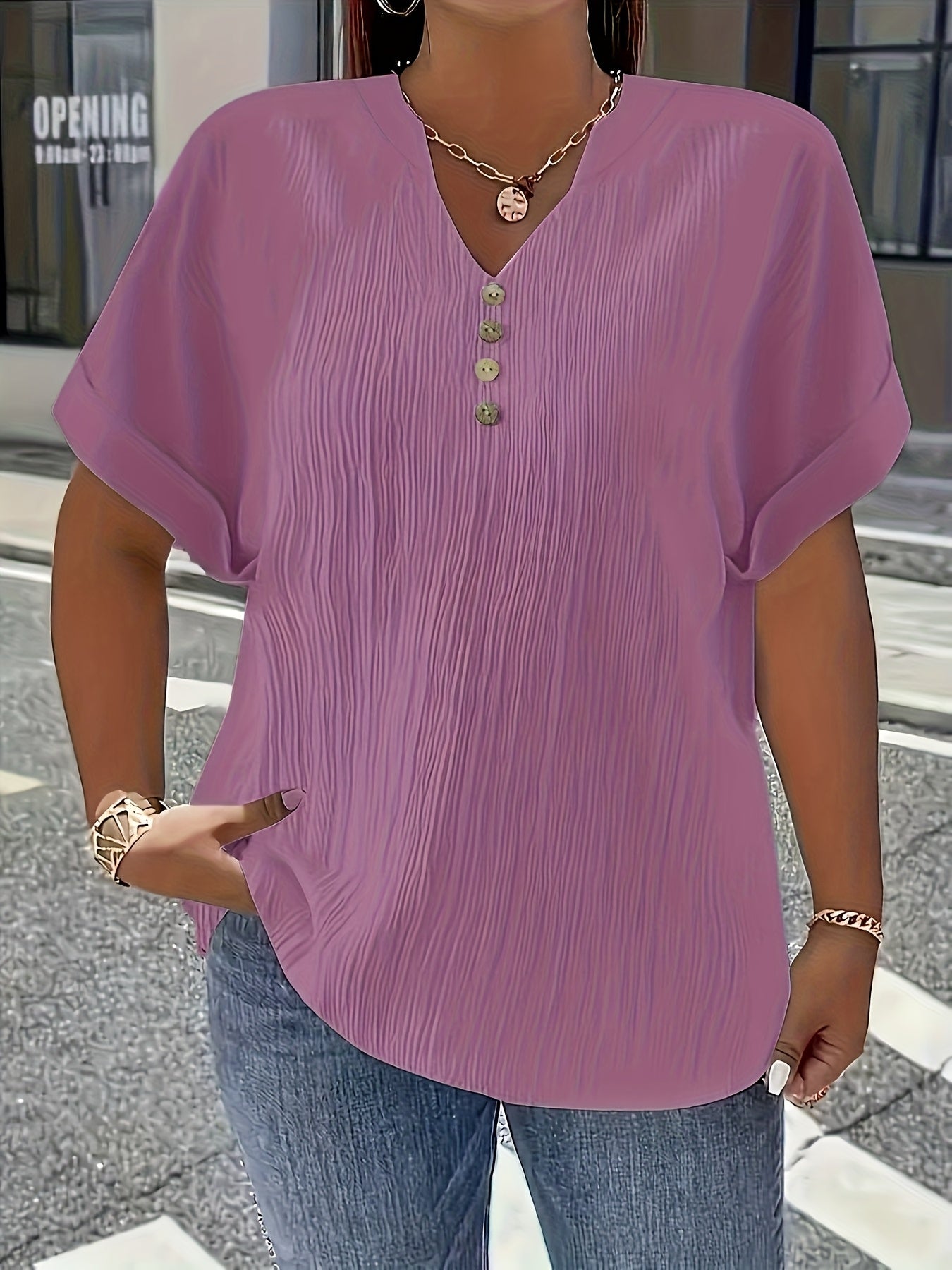 Damen Plus Size T-Shirt – Elegant Kurzarm mit Knopfleiste