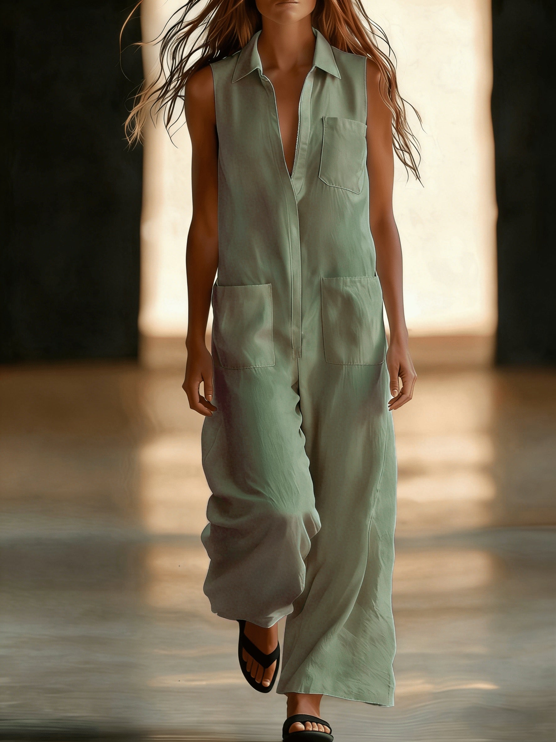 Damen Ärmelloser Wide-Leg Jumpsuit mit Taschen