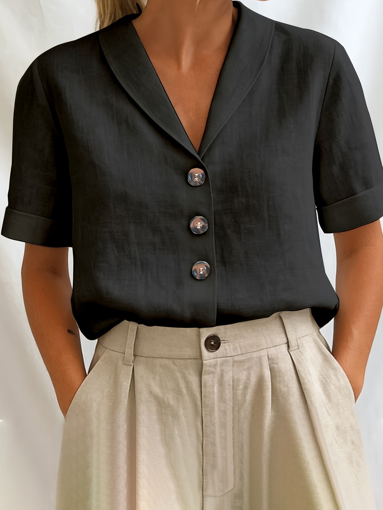 Damen Bluse – Locker & Reverskragen Kurzarm Einfarbig
