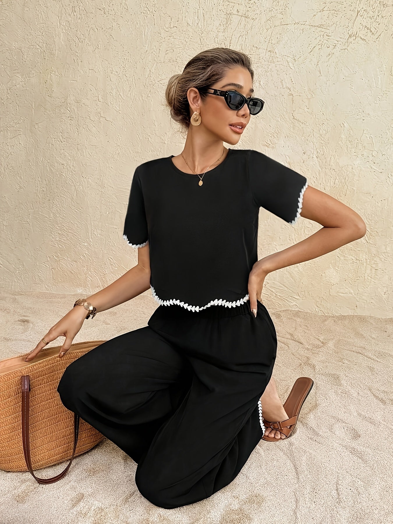 Damen Zweiteiliges Set mit Kontrastspitze und Hose