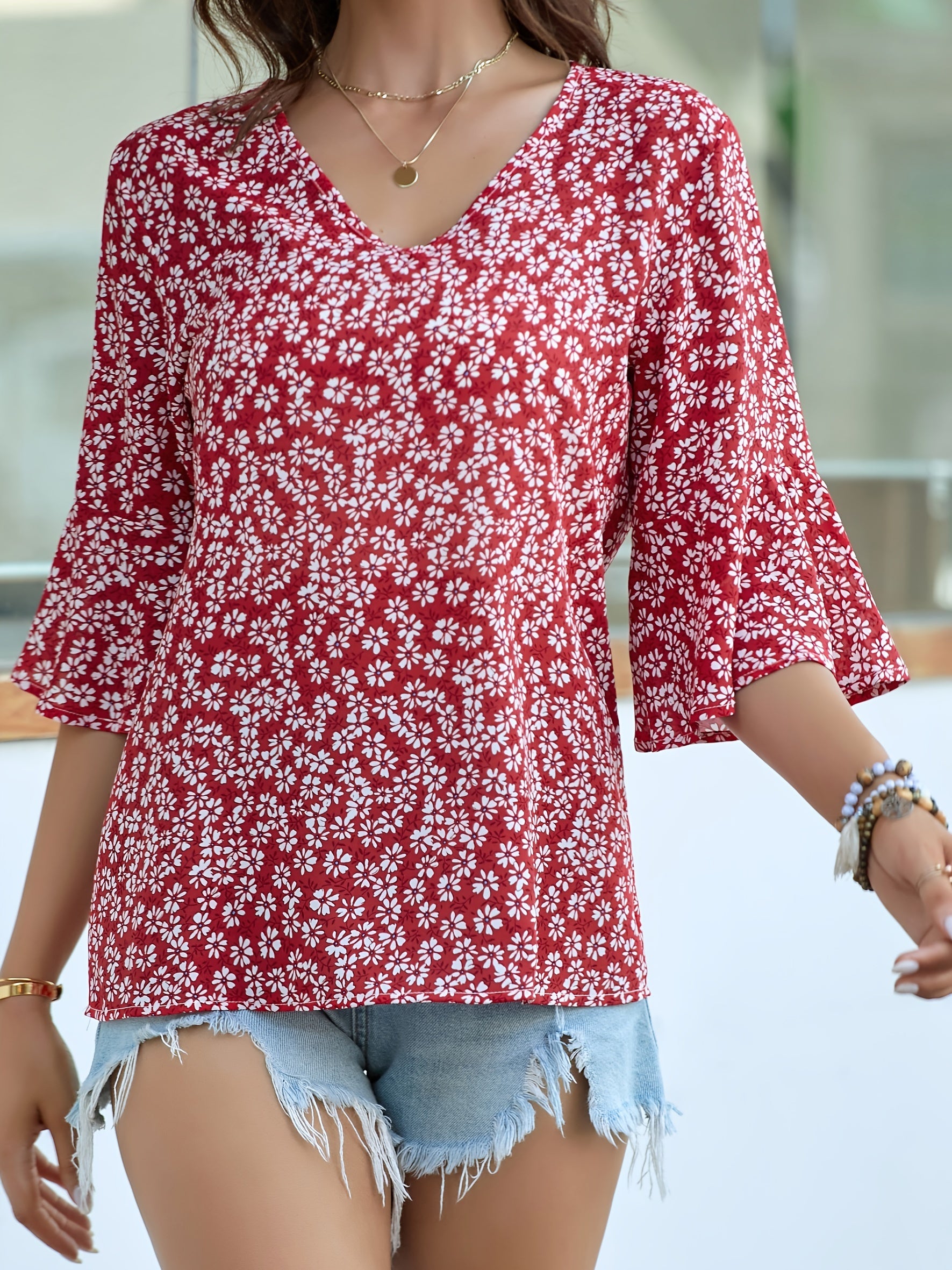 Damen Bluse – Floral V-Ausschnitt & Rüschenärmel Elegant