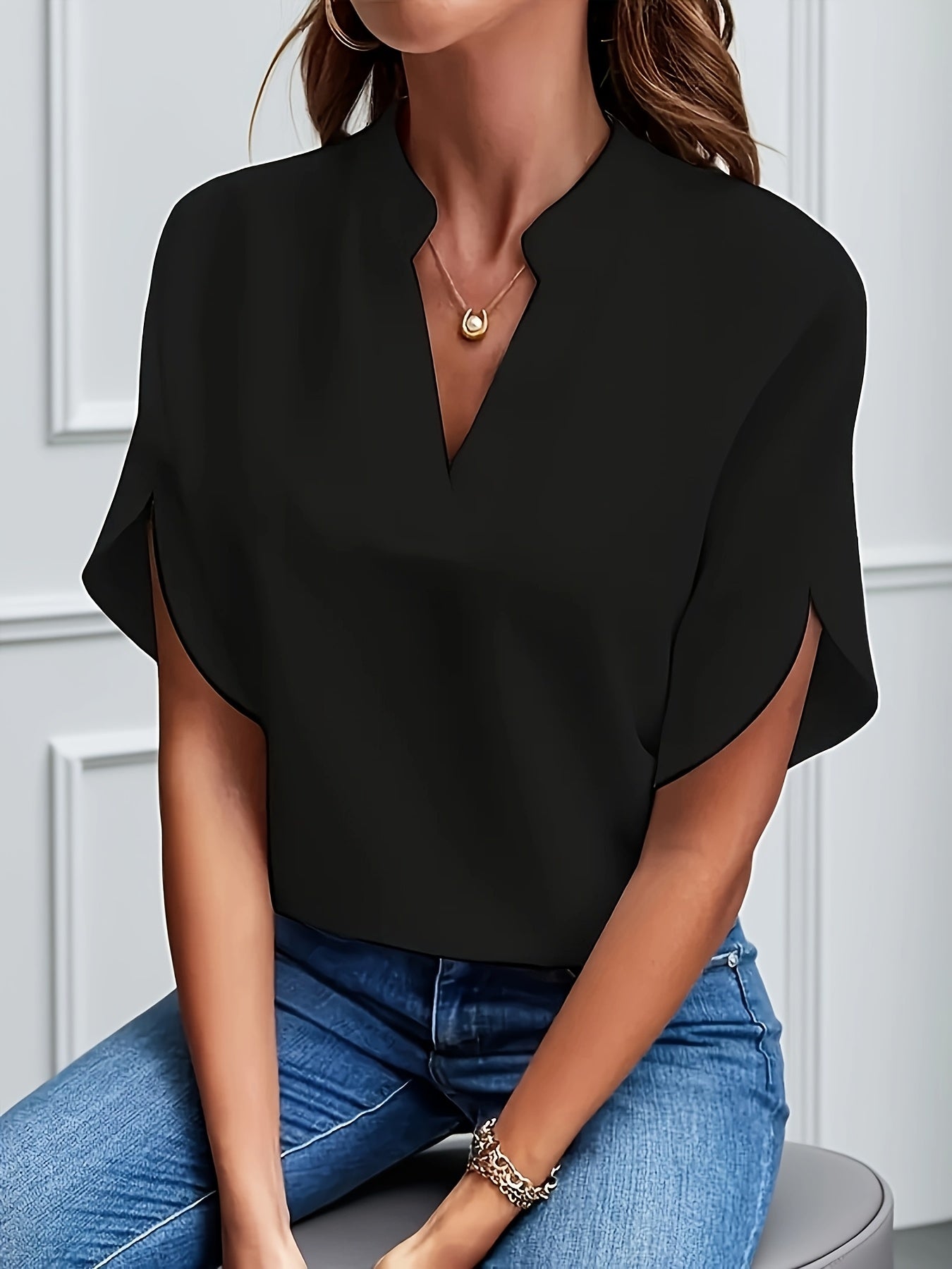 Damen Bluse – V-Ausschnitt Fledermausärmel Locker Elegant