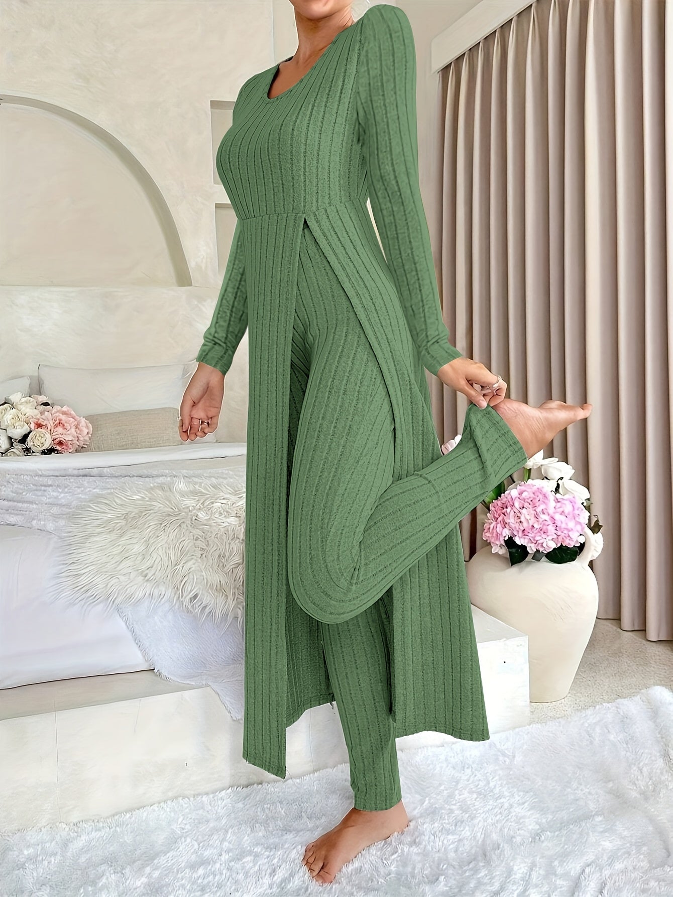 Damen Zweiteiliges Rippstrick-Set mit Langarm-Top und Hose