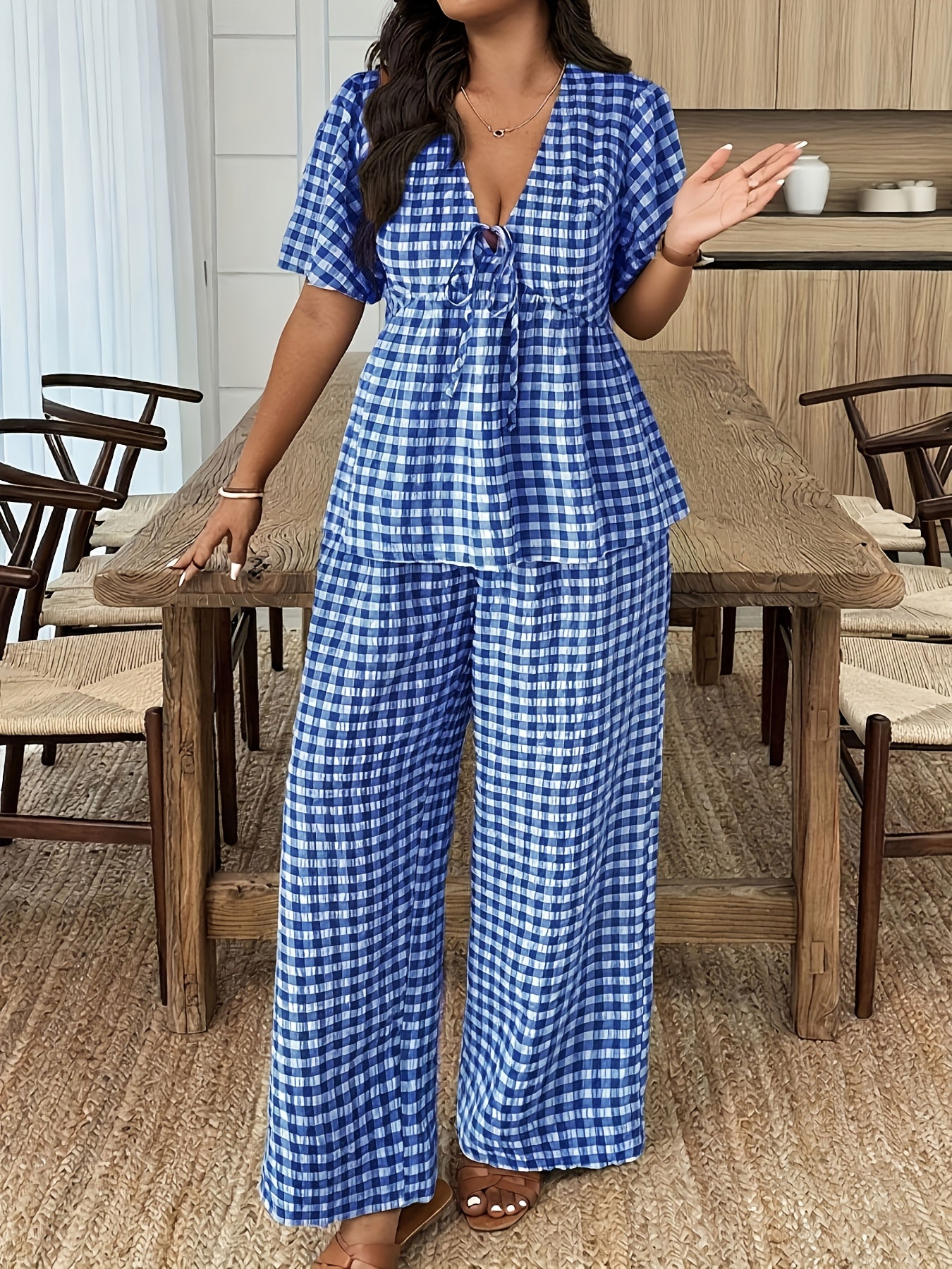 Damen Gingham Set mit Bluse und Weiter Hose