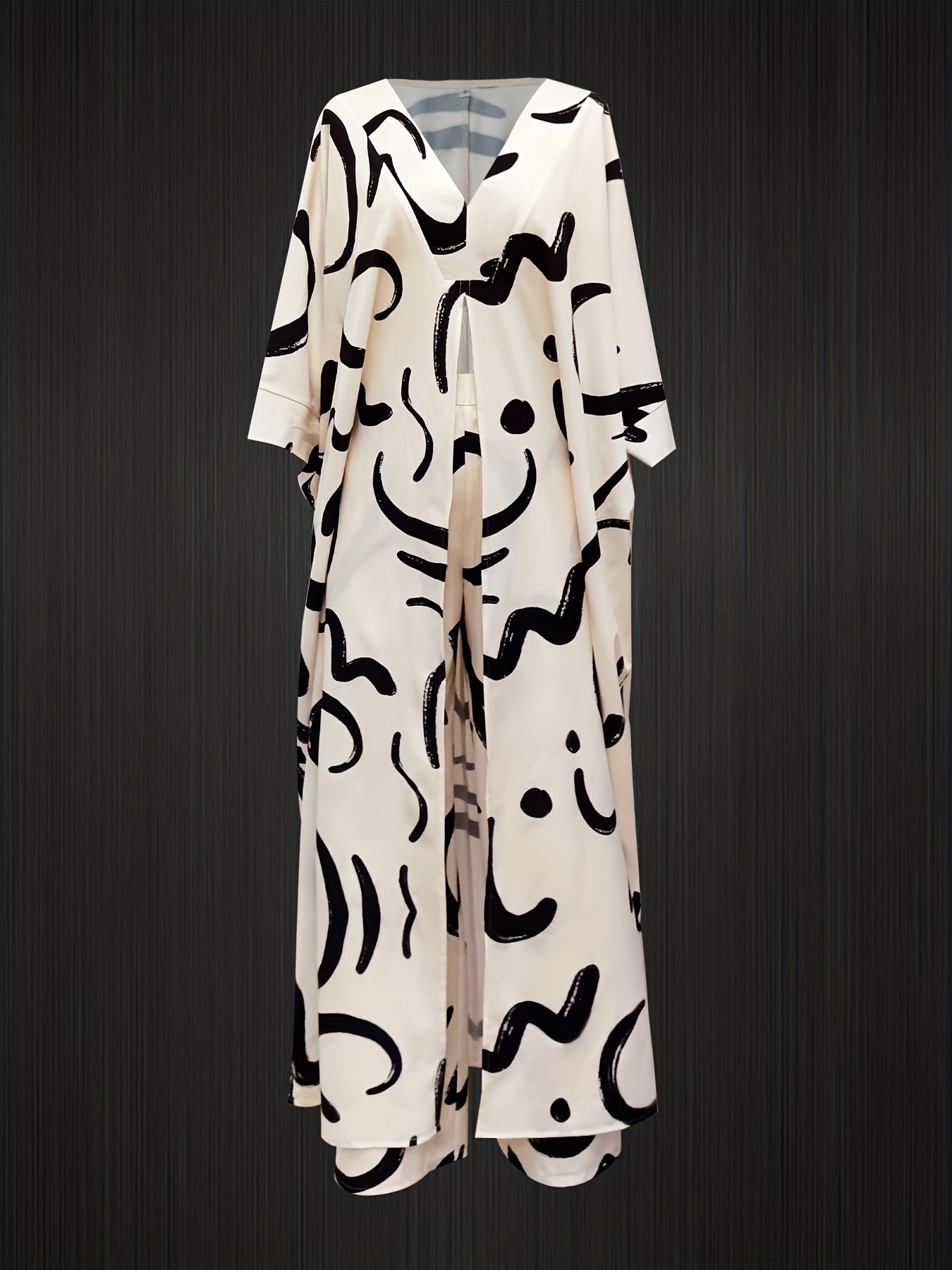 Printed Women's Skirt Suit with V-Neck Loose Seven-Eighth Sleeve Long Shirt and Drawstring Pants