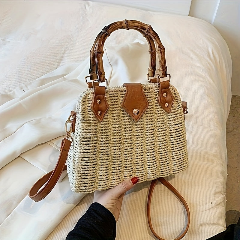 Damen Strandtasche Geflochten mit Bambusgriff