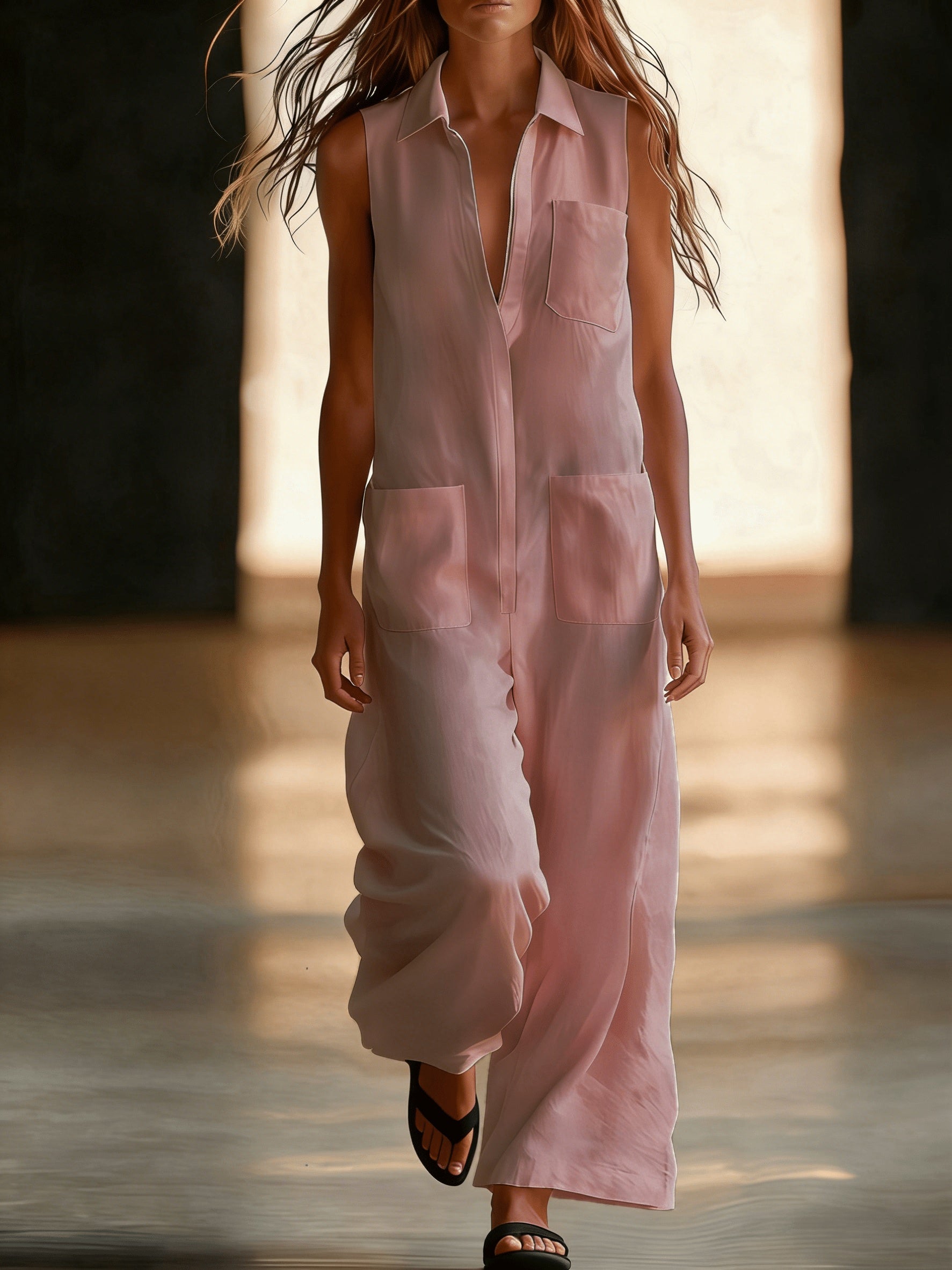 Damen Ärmelloser Wide-Leg Jumpsuit mit Taschen