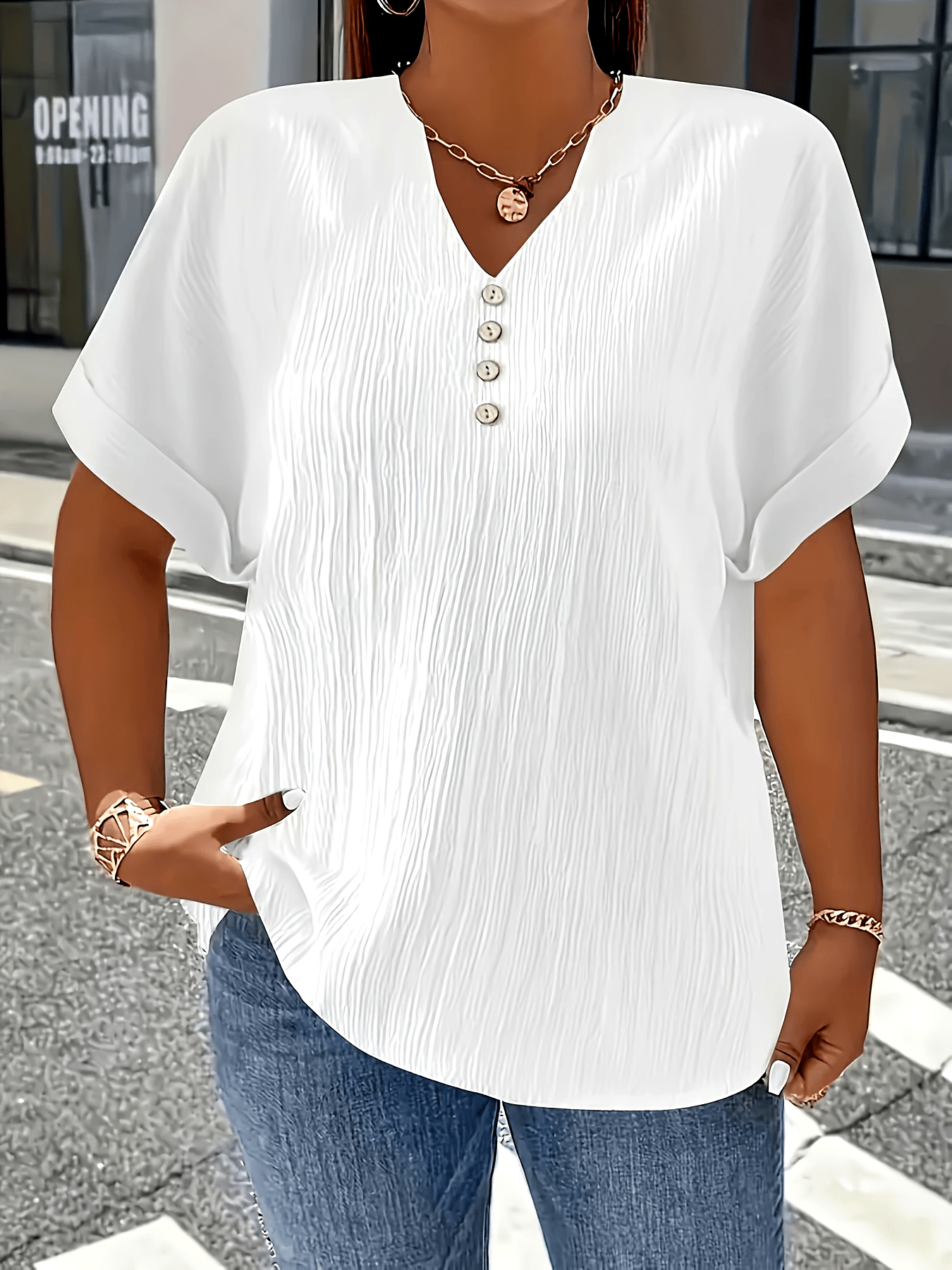 Damen Plus Size T-Shirt – Elegant Kurzarm mit Knopfleiste