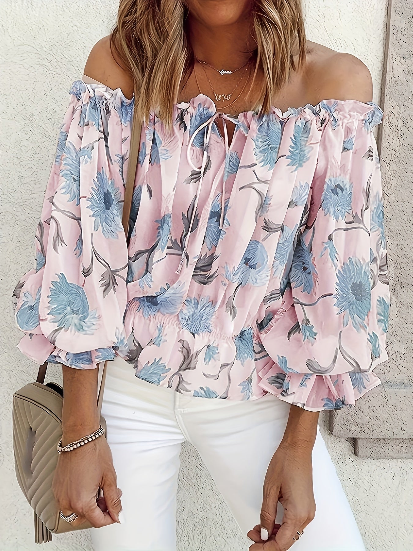 Damen One-Shoulder Chiffonbluse mit Laternenärmeln